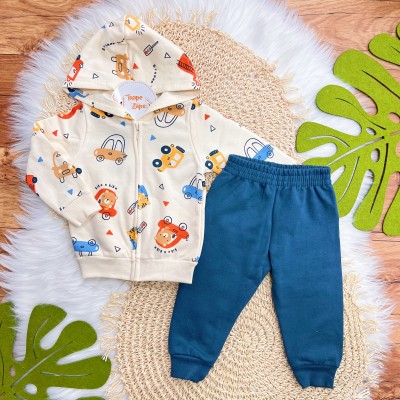 Conj. Jaqueta Beep Beep! com Capuz e Calça de Moletom - Areia e Azul Jeans